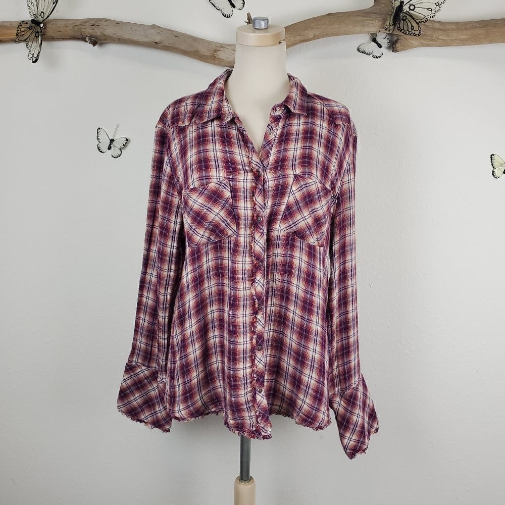 William rast distressed trim pearl snap flannel